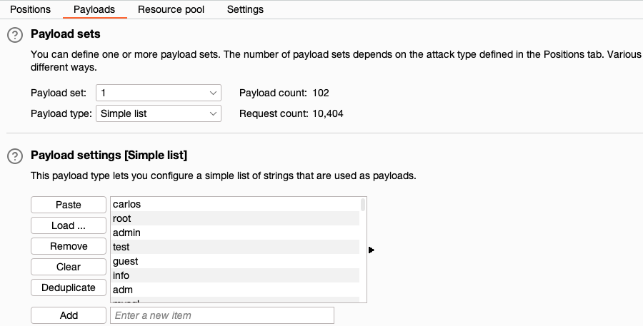 Setting the payloads for brute-forcing a login