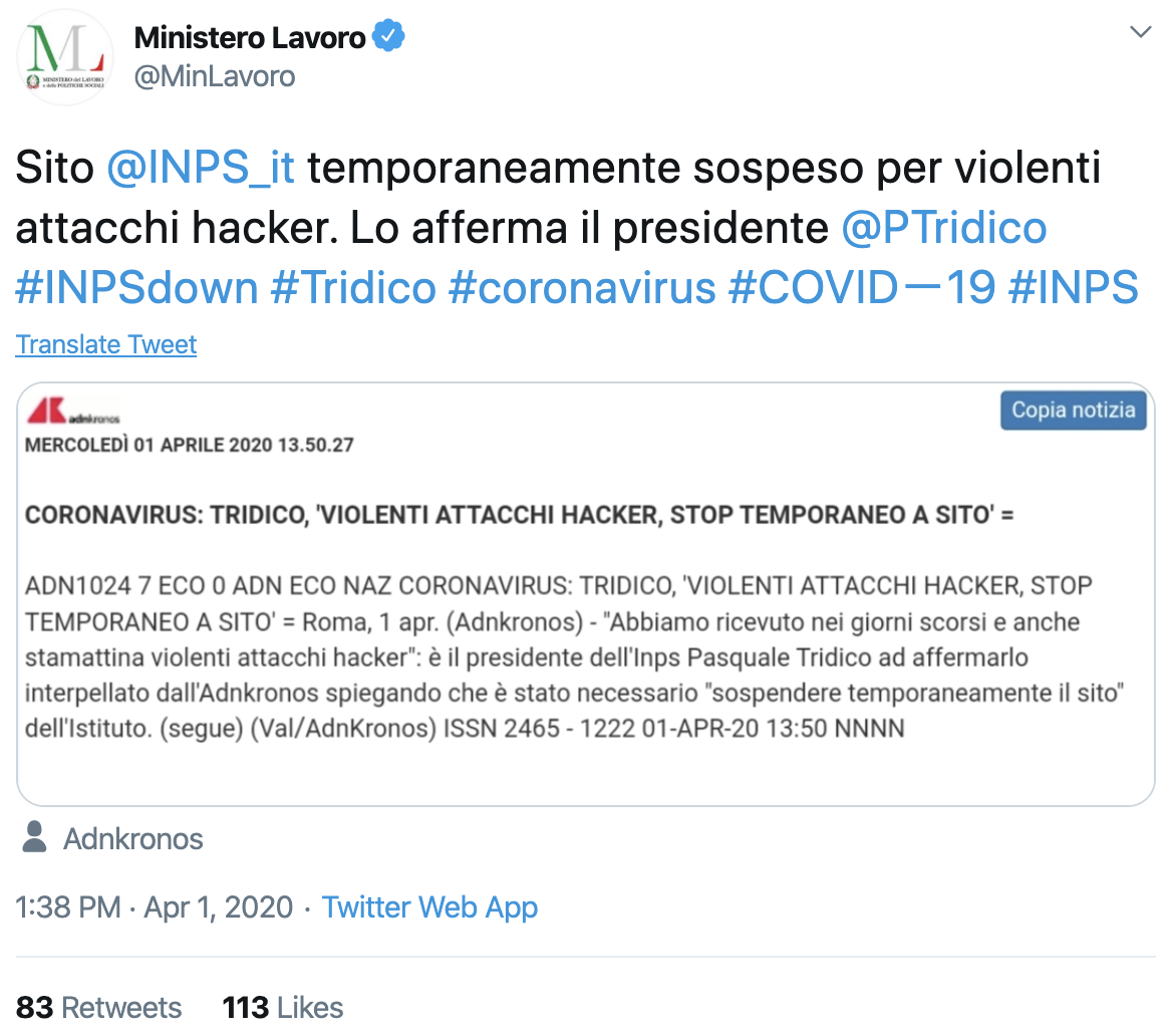 INPS tweet on hacker attack
