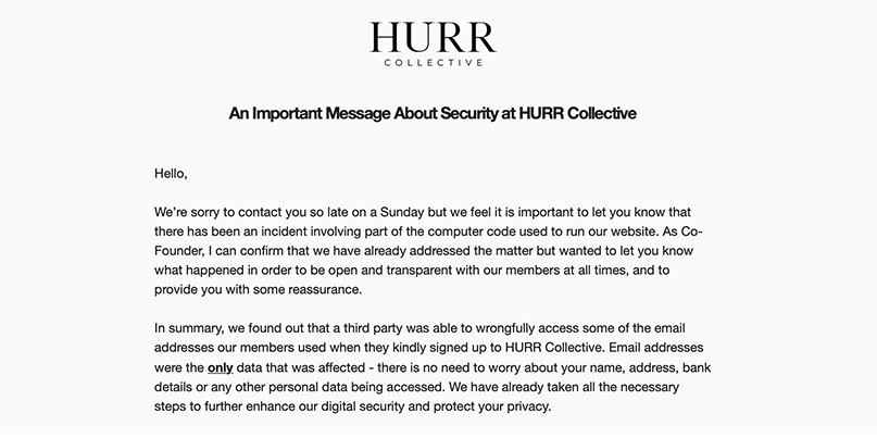 HURR Collective security alert following data exposure incident