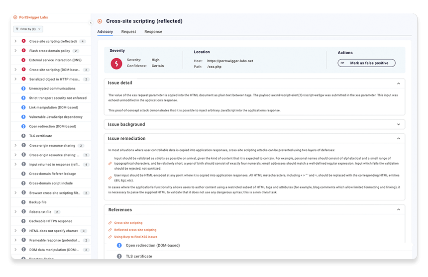 Vulnerability information and remediation advice as seen in Burp Suite DAST