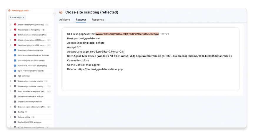 A HTTP request shown in Burp Suite DAST, with XSS payload highlighted