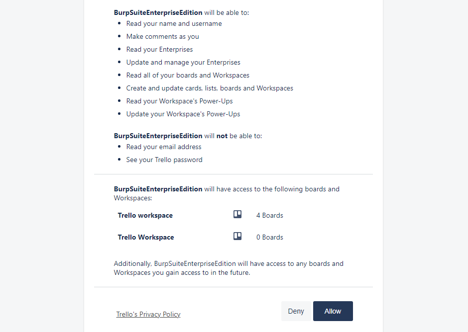 Giving Burp Suite DAST access to Trello
