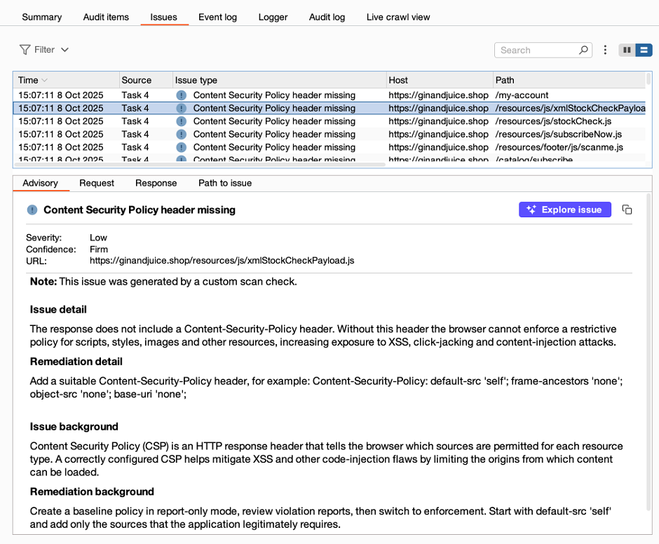 Audit issue created by custom scan check