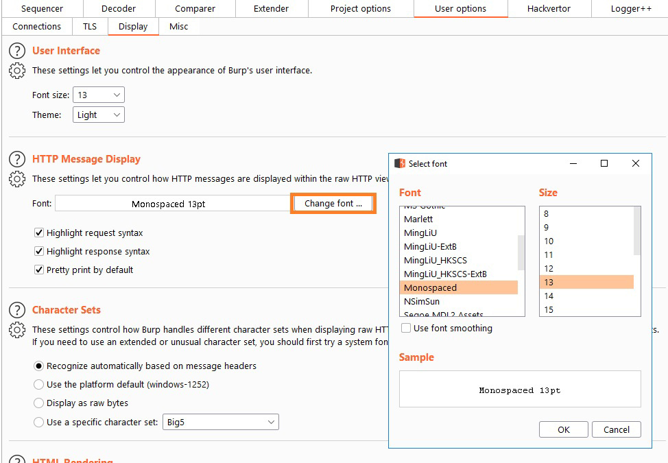 HTTP message font size