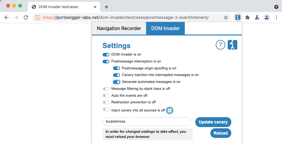 Enabling web message interception in DOM Invader
