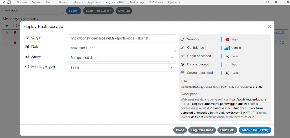 Viewing web message details in DOM Invader