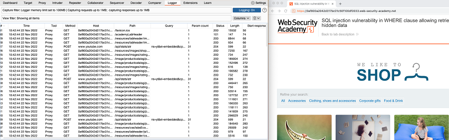 Logger tab and Burp's browser open side by side