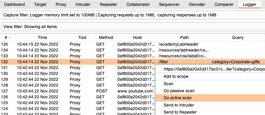 Selecting Do active scan from the context-menu