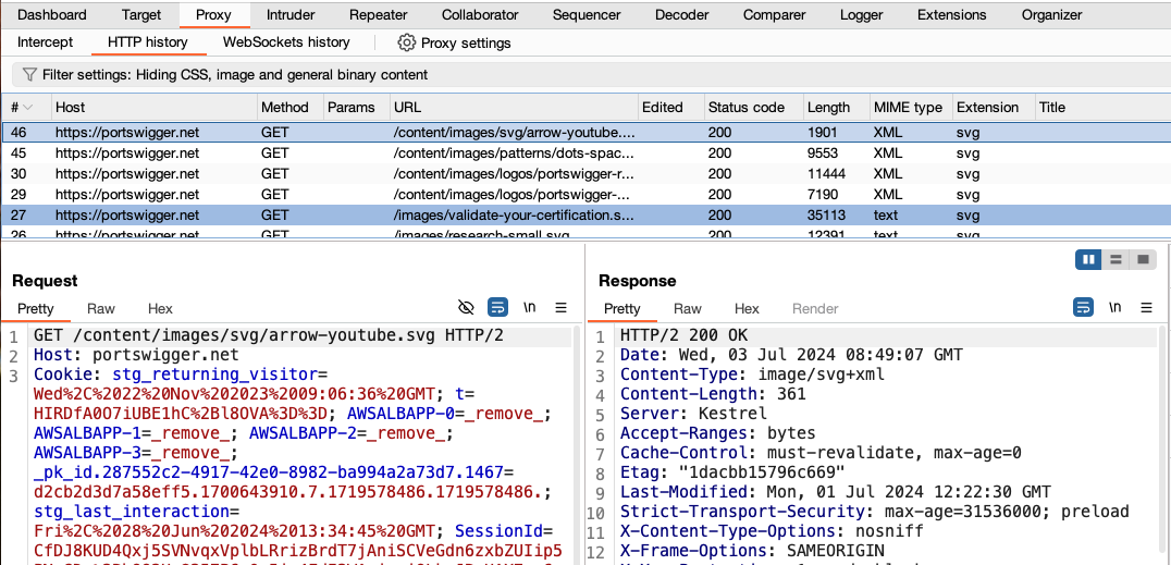 Viewing the HTTP history in Burp Proxy