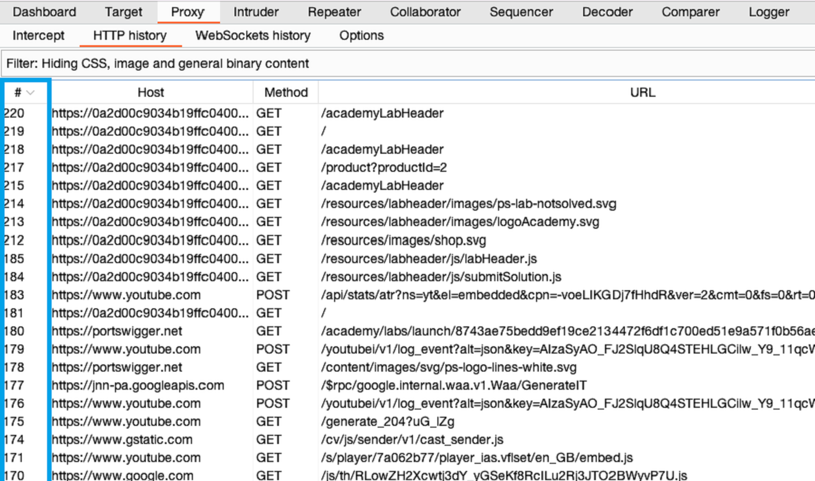 Sorting the HTTP history