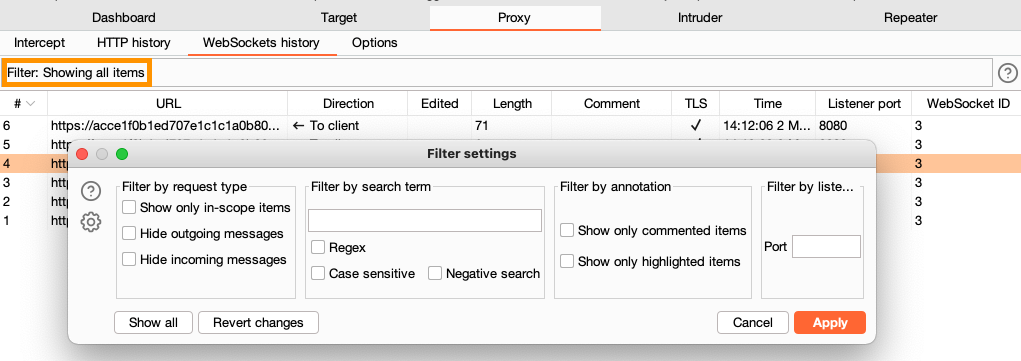 Filter settings window and button