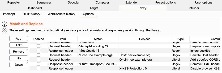 Proxy match and replace options