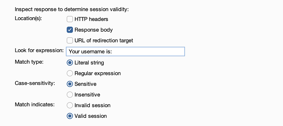 Specifying valid login response expression
