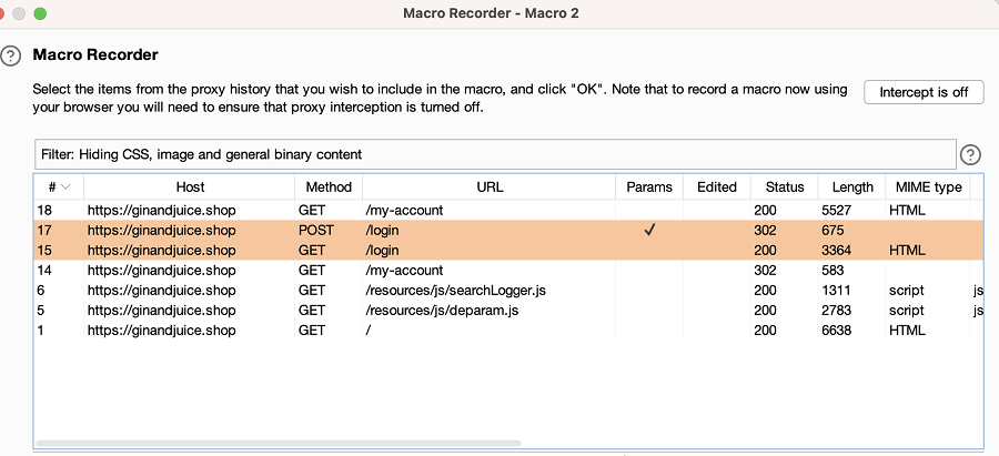 Select the login requests for your macro
