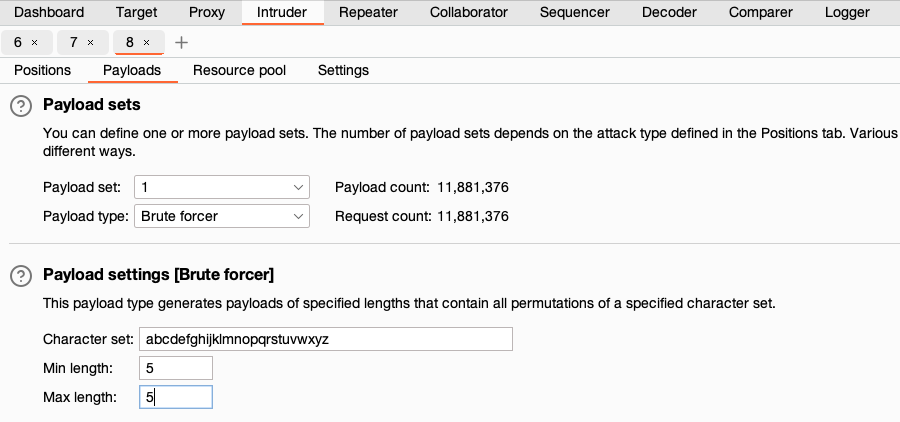 Configuring payloads for the brute-forcer payload type