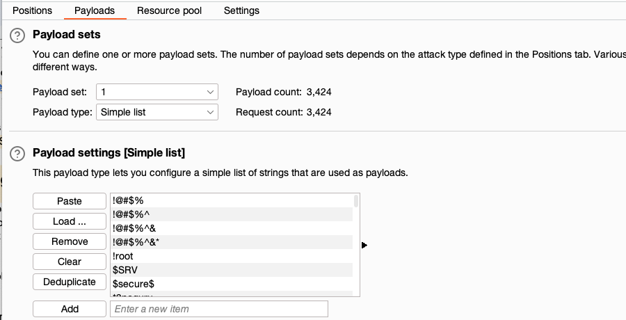 Adding a list of payloads for brute-forcing a password with a dictionary attack