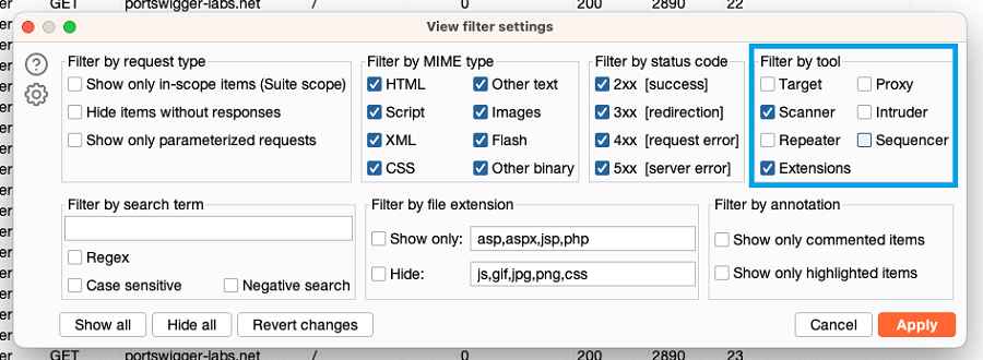 Filtering the Logger tab by tool