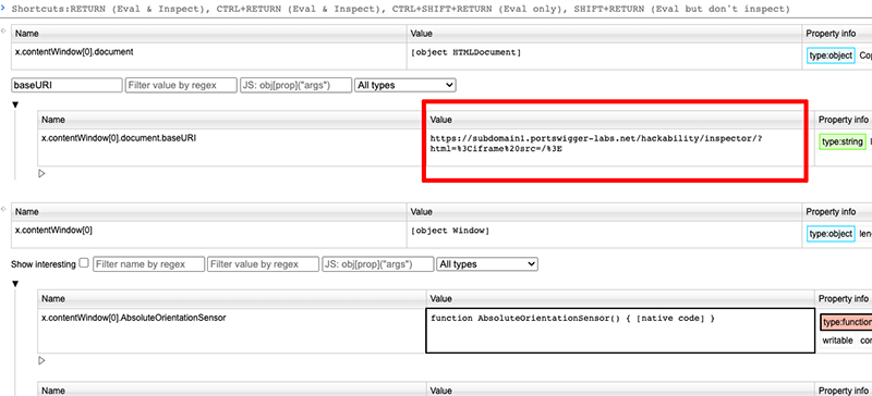A screenshot showing document.baseURI leaking a cross origin URL