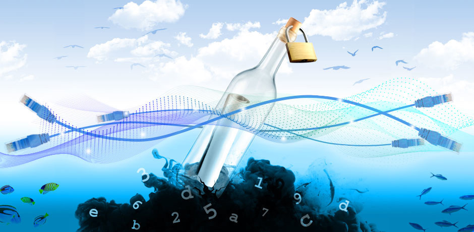 A message in a bottle with characters in the sea and data flowing around it