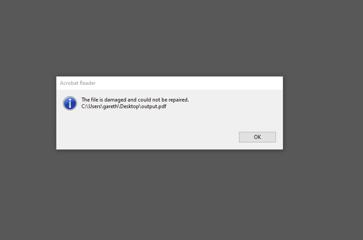 Screenshot showing an error dialog when loading the PDF