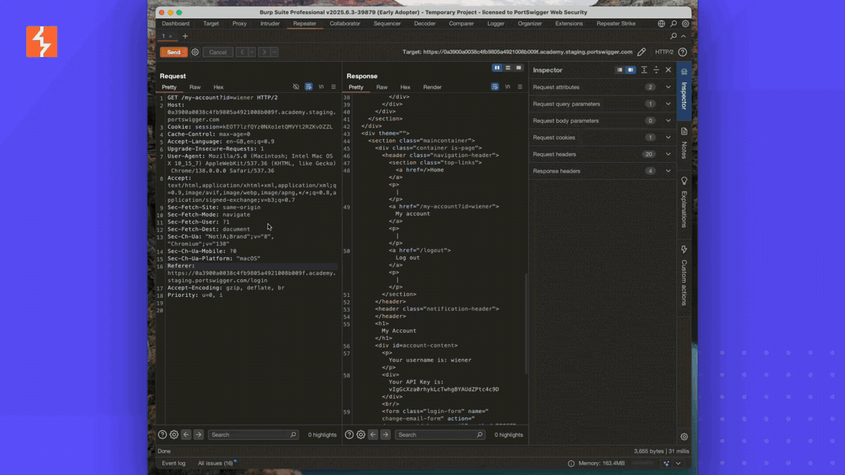 Repeater Strike demo showing an IDOR Academy lab being solved