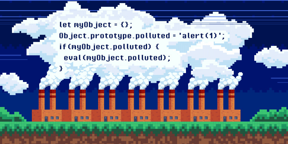 An illustration of a factory with smoke and prototype pollution code