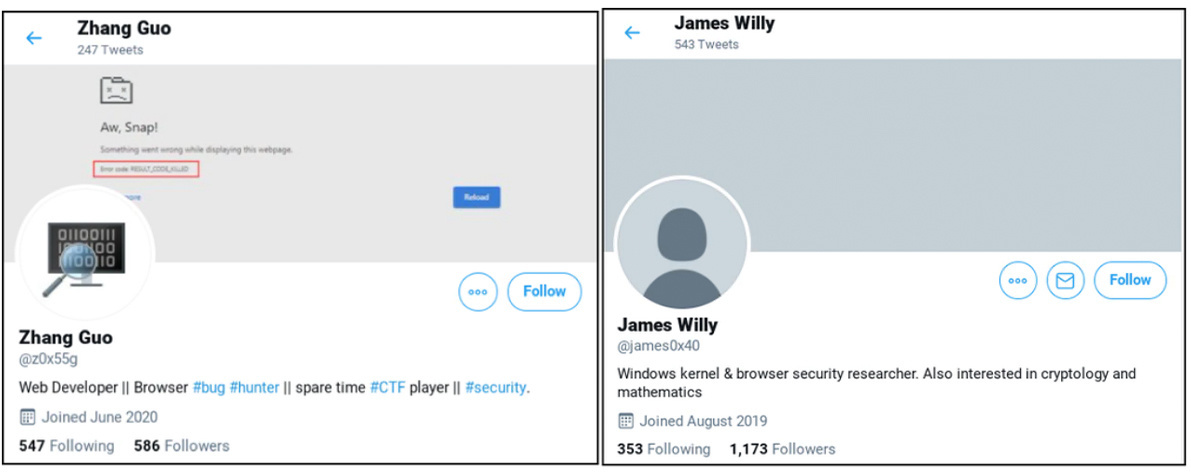Screenshots of two of the accounts controlled by the malicious hackers