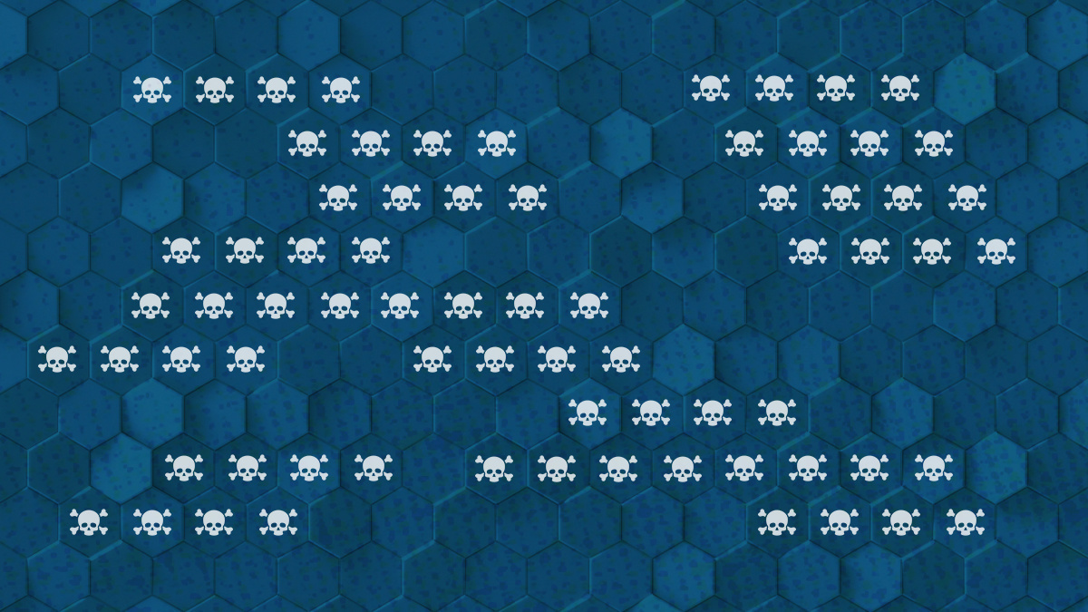 Skull and crossbones on blue hexagon background