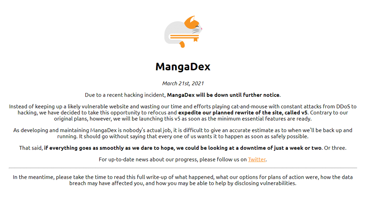 A message posted on the website homepage informing users of the security incident