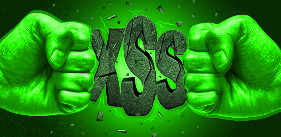 An image with two fists punching some text with XSS
