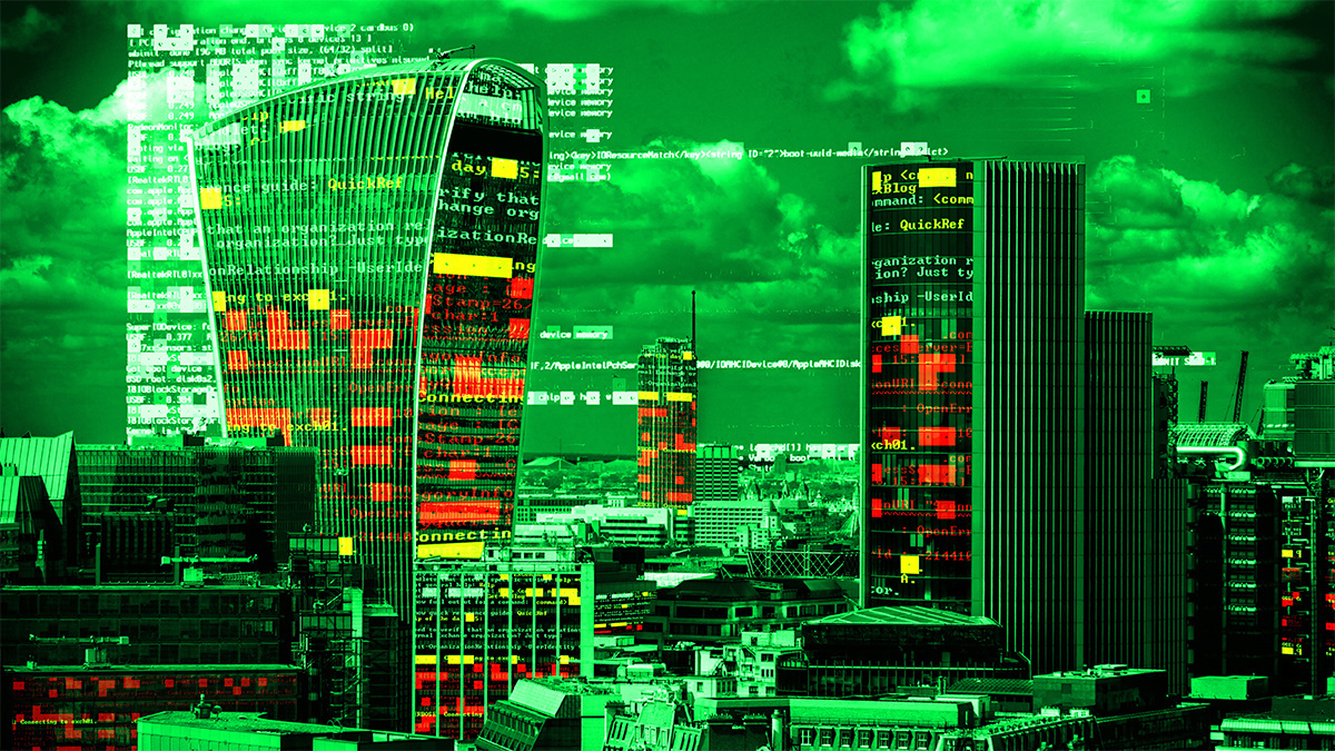 Green London city skyline with data and computer programming information mapped onto building facades