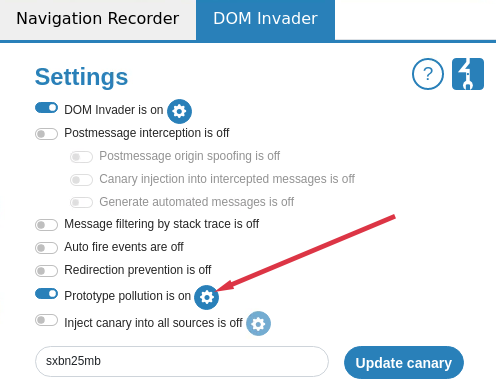 Screen shot showing prototype pollution settings cog
