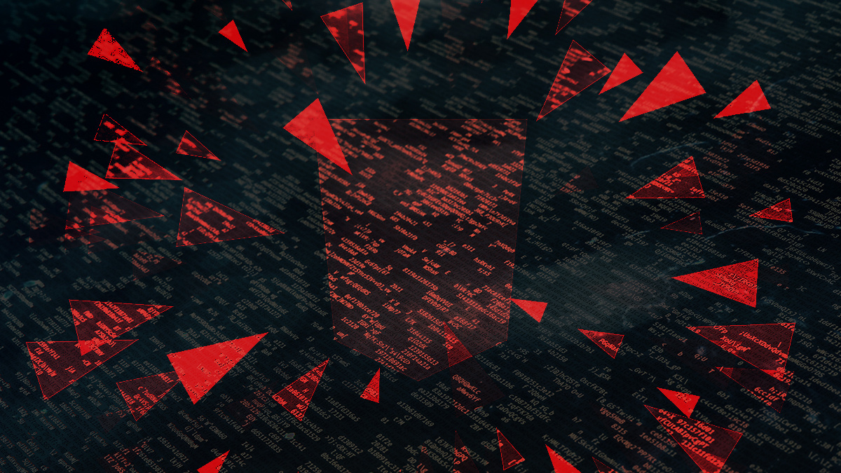 Red triangles pointing like daggers at a red shield shape, on black background