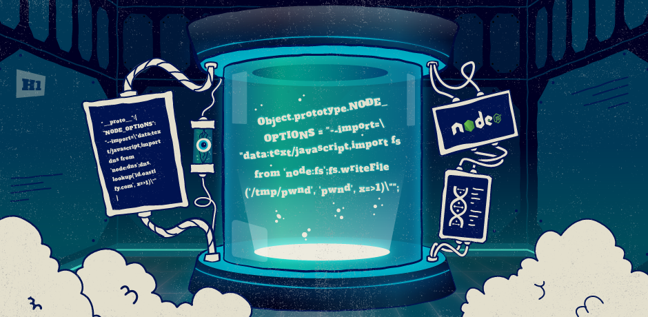 A container showing some JavaScript prototype pollution code and various wires and monitors with the NodeJS logo on