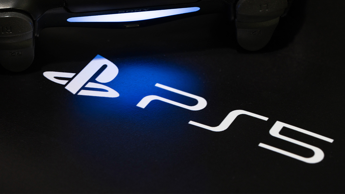 PlayStation, white PS5 logo, black background