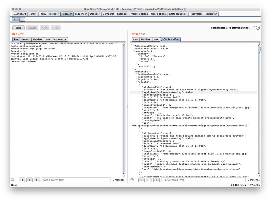 Screenshot of JSON Beautifier being used alongside other pentesting tools in Burp Suite Professional