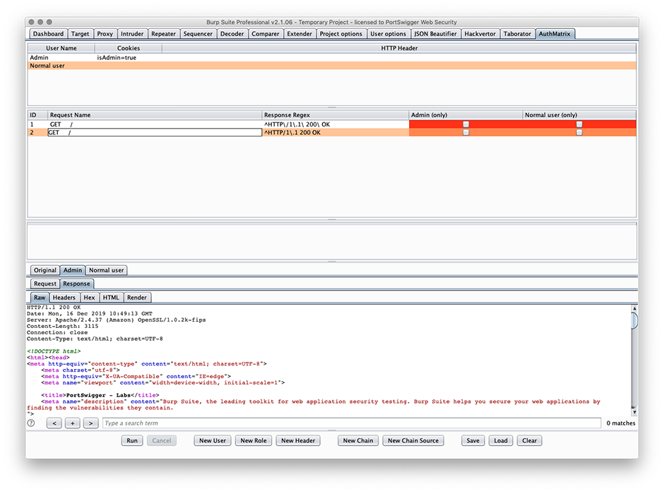 Screenshot of AuthMatrix being used in Burp Suite Professional